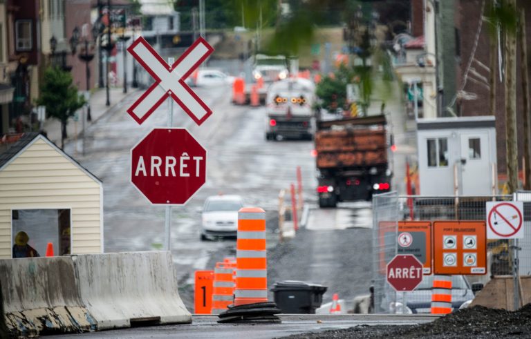 The downtown of Lac-Megantic, Quebec, remains closed June 10, 2014, as crews work at the clearing and decontamination a year after an oil-filled train screeched off the tracks and exploded killing 47 people. (AP Photo/The Canadian Press, Paul Chiasson)