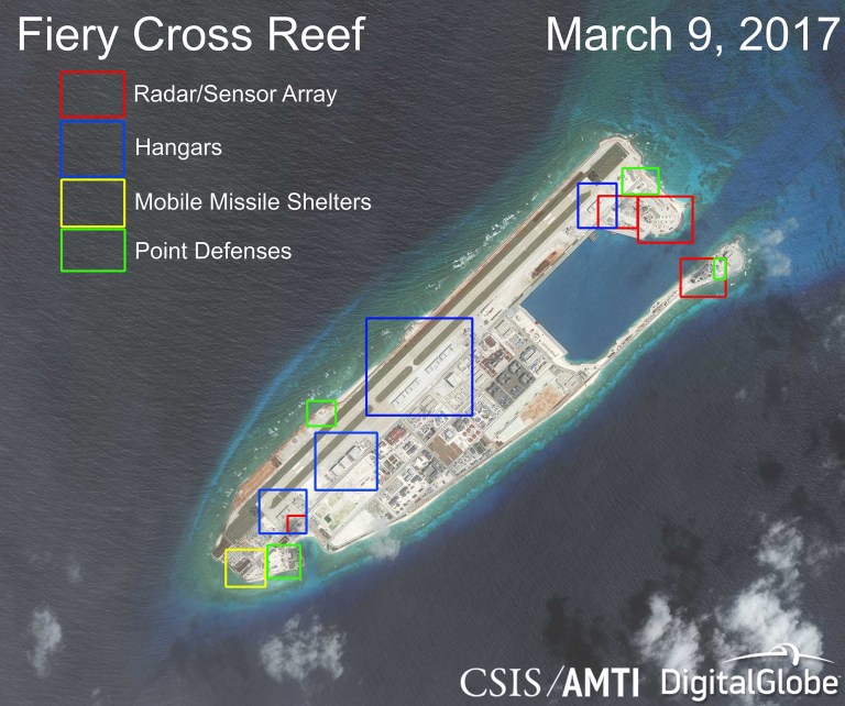 The Asia Maritime Transparency Initiative of the Center for Strategic and International Studies released satellite photographs on Monday showing China's military buildup on man-made islands is almost complete. (CSIS)