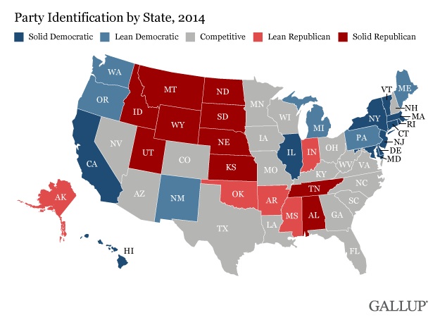 Party identification by state in 2014. (Gallup)