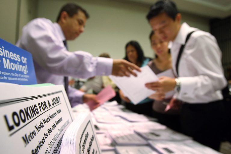 The number of job openings fell in July, and new hires remained at a low level, the Bureau of Labor Statistics reported Tuesday. (David McNew/Getty Images)