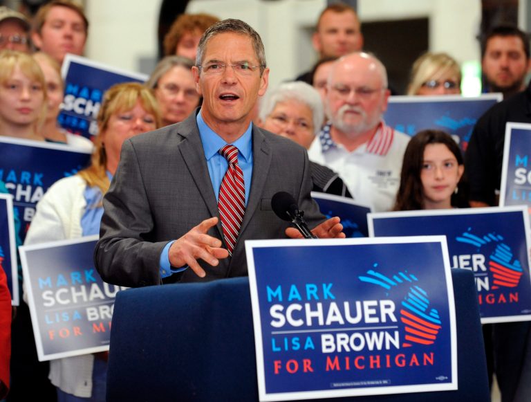Democratic gubernatorial candidate Mark Schauer unveils his 10-point jobs plan at a news conference held at the Plumbers and Pipefitters Local 333 training facility in Lansing, Mich. on Tuesday, July 29, 2014. (AP Photo/Lansing State Journal, Greg DeRuiter)
