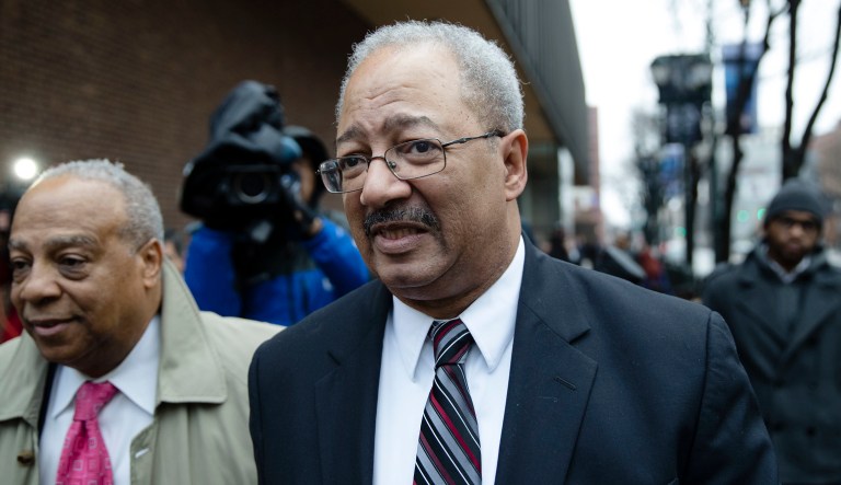 Former Rep. Chaka Fattah, D-Pa., walks from the federal courthouse after his sentencing hearing in Philadelphia, Monday, Dec. 12, 2016. Fattah was sentenced Monday to 10 years in prison for misspending government grants and charity money to fund his campaign and personal expenses. (AP Photo/Matt Rourke)