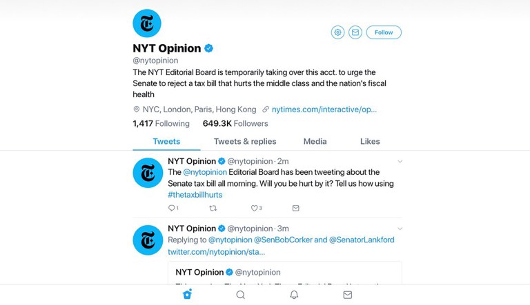 Rather than just simply tweeting an op-ed, the New York Times editorial board took over the entire @NYTOpinion Twitter account to express its discontent with the Republicans' tax reform plan. (screenshot)