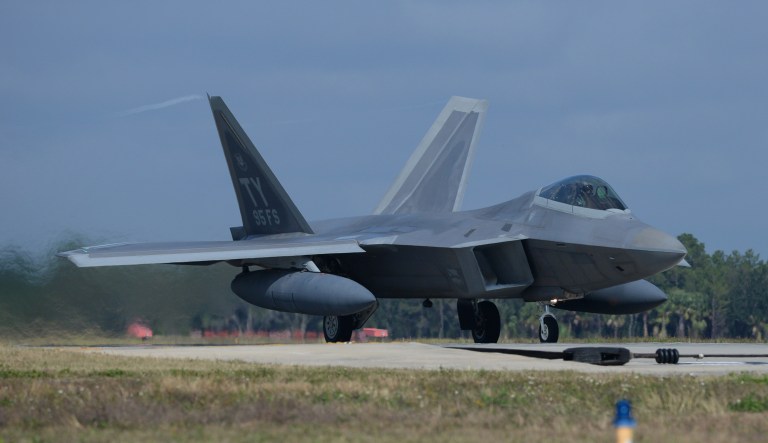 An F-22 Raptor from Tyndall Air Force Base, Fla., commences take off Nov. 5 at the Tyndall flightline. 