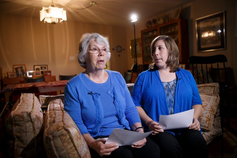 Elaine Weinstein, left, is joined by daughter Jennifer Coakley, right, widow and daughter of American aid worker Warren Weinstein, who was inadvertently killed by CIA drone strikes in early 2015. (AP Photo/J. Scott Applewhite)