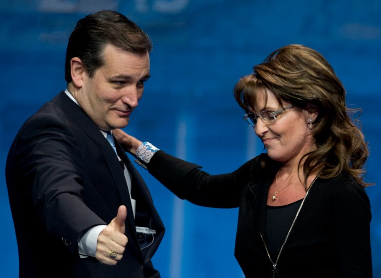 Sarah Palin is no longer at the peak of her influence. But she still has a following among evangelicals and Tea Party conservatives, two groups that in Iowa favor Ted Cruz over Donald Trump. (AP Photo)