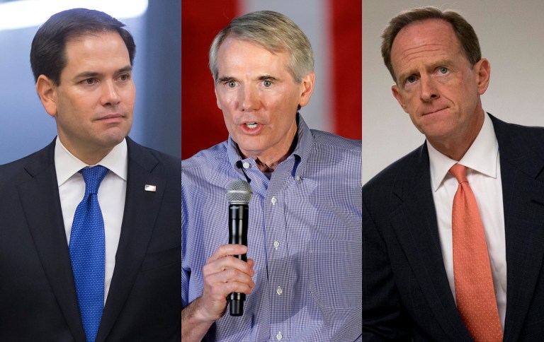 According to a new Quinnipiac survey released Wednesday, Sens. Rob Portman, Marco Rubio and Pat Toomey all are in pole position to defeat Democratic challengers next month. (AP Photos)