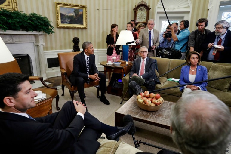 Speaker of the House Paul Ryan, R-Wis., left front, listens next to Senate Majority Leader Mitch McConnell, R-Ky., as President Barack Obama speaks next to Senate Democratic Leader Harry Reid, of Nevada, and House Democratic Leader Nancy Pelosi, of Calif., in the Oval Office of the White House, Monday, Sept. 12, 2016, in Washington. (AP Photo/Jacquelyn Martin)