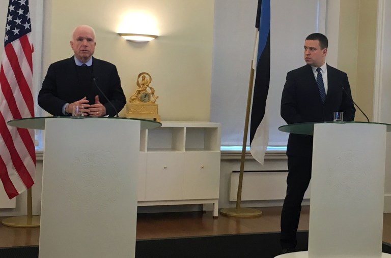Sen. John McCain, left, speaks during a joint news conference with Estonian Prime Minister Juri Ratas in Tallinn, Tuesday, Dec. 27, 2016. (AP Photo/Vitnija Saldava)