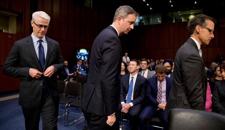 From left, Facebook's General Counsel Colin Stretch, Twitter's Acting General Counsel Sean Edgett, and Google's Law Enforcement and Information Security Director Richard Salgado, arrive for a Senate Committee on the Judiciary, Subcommittee on Crime and Terrorism hearing on Capitol Hill in Washington, Tuesday, Oct. 31, 2017, on more signs from tech companies of Russian election activity. (AP Photo/Andrew Harnik)