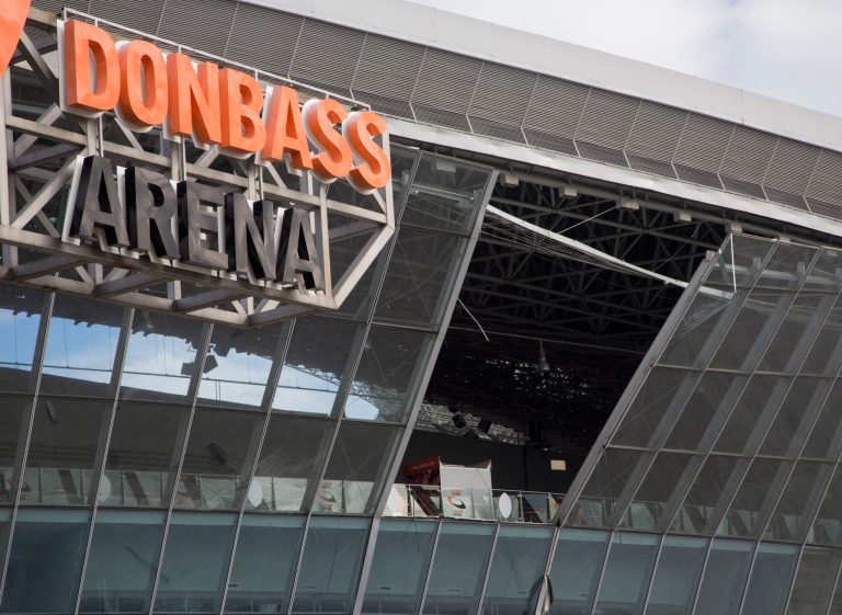 The Donbas Arena stadium, one of the venues which hosted the Euro 2012 Soccer tournament, after it was damaged by a shockwave caused by a blast during shelling in the town of Donetsk, eastern Ukraine Monday, Oct. 20, 2014. A powerful explosion has shaken the largest rebel-controlled city in eastern Ukraine as daily battles continue in the region despite a nominal cease-fire being in place. (AP Photo/Dmitry Lovetsky)