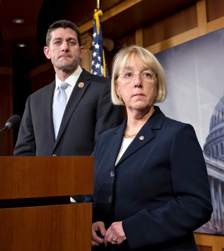 House Budget Committee Chairman Paul Ryan, R-Wis., and Senate Budget Committee Chairwoman Patty Murray, D-Wash., announce a tentative agreement between Republican and Democratic negotiators on a government spending plan, at the Capitol in Washington, Tuesday, Dec. 10, 2013.   (AP Photo/J. Scott Applewhite)
