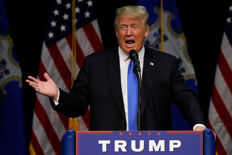 Republican presidential candidate Donald Trump during a campaign event at Crosby High School in Waterbury, Conn., Saturday, April 23, 2016. (AP Photo/Charles Krupa)