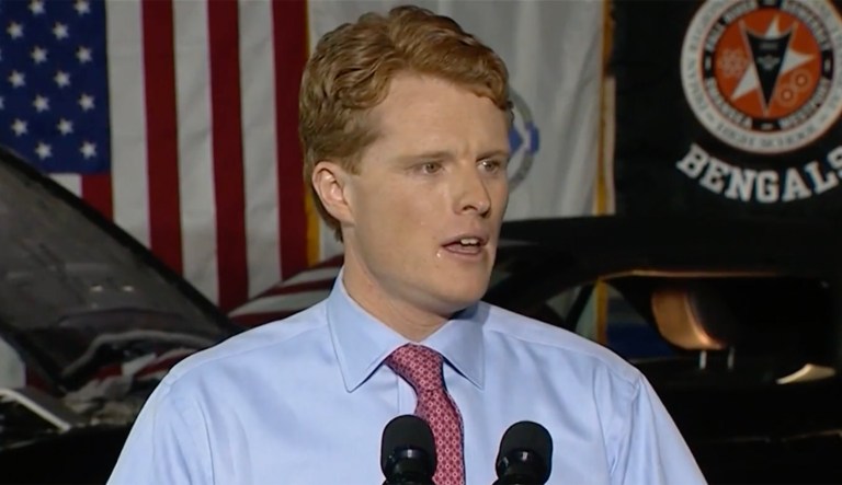 Many on Twitter noticed the shiny corners of Rep. Joe Kennedy's mouth as he spoke Tuesday night, and speculated that he applied a little too much lip balm to fight off the lip-chapping cold that has hit the northeast. (Screenshot)