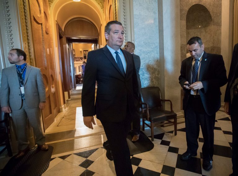 Sen. Ted Cruz, R-Texas, and other senators, gather for final votes on Capitol Hill in Washington, Thursday, Aug. 3, 2017. After the GOP health care bill collapsed last week due to opposition within Republican ranks, the Senate worked in rapid succession this week as the chamber confirmed a new FBI director, sent President Donald Trump a key veterans health bill, and cleared a batch of lower profile nominations that have been bottled up by Democrats. (AP Photo/J. Scott Applewhite)