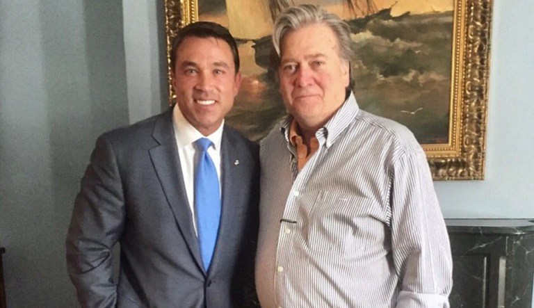 Days after announcing another run for the House of Representatives, former Rep. Michael Grimm from Staten Island posted a picture on Twitter of himself with former White House chief strategist, Steve Bannon. (Image courtesy screenshot)