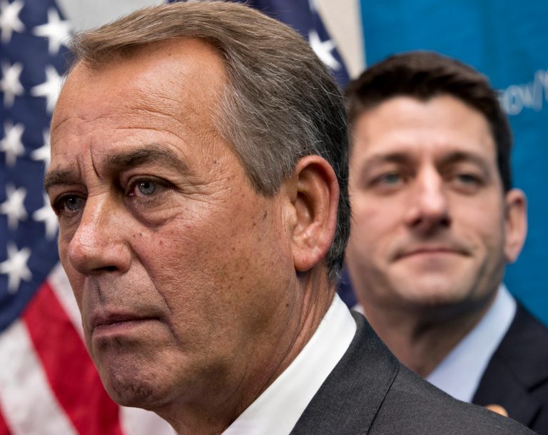 House Speaker John Boehner of Ohio, left,  joined by House Budget Committee Chairman Rep. Paul Ryan, R-Wis., takes reporters' questions, on Capitol Hill in Washington, Wednesday. (AP/J. Scott Applewhite)