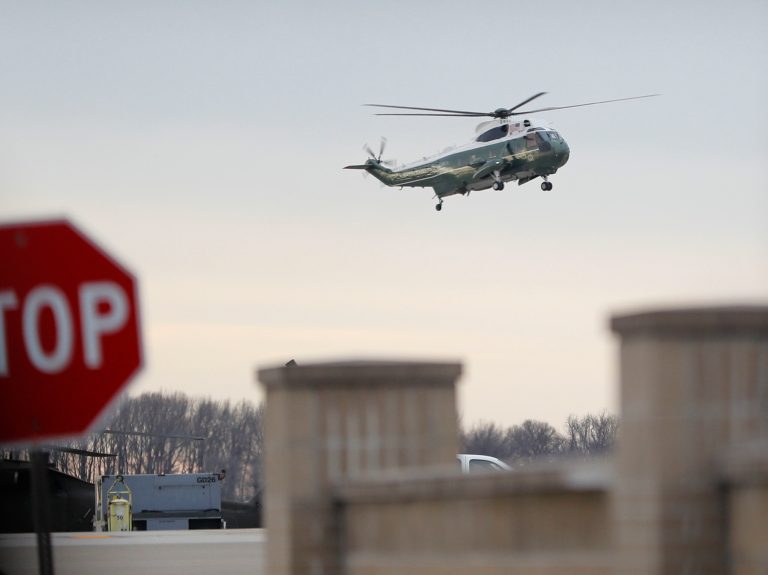 Marine One, with President Donald Trump, lands at Dover Air Force Base, Del. Wednesday, Feb. 1, 2017. Trump traveled to Dover AFB to meet with family members Chief of Special Warfare Operator William 