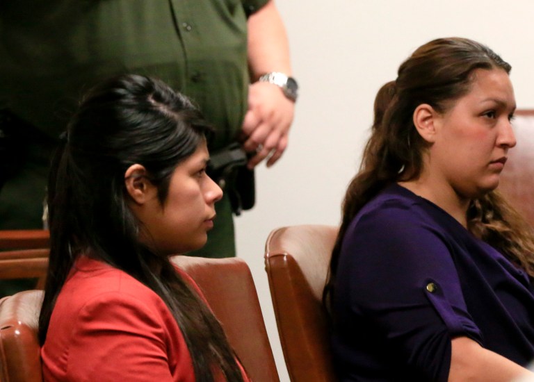 FILE - In this Feb. 10, 2014 file photo, Vanesa Zavala, left, and Candace Marie Brito, charged in the beating death of a newlywed outside a popular Orange County hotspot, listen during a hearing in Westminster, Calif. Their trial is set to begin Wednesday July 9, 2014. (AP Photo/Mark Boster, Pool, File)