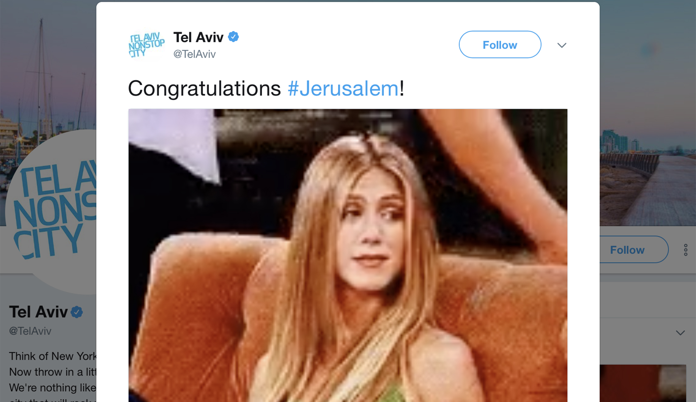 Tel Aviv congratulates Jerusalem on US recognition as Israeli capital with lighthearted ‘Friends’ joke