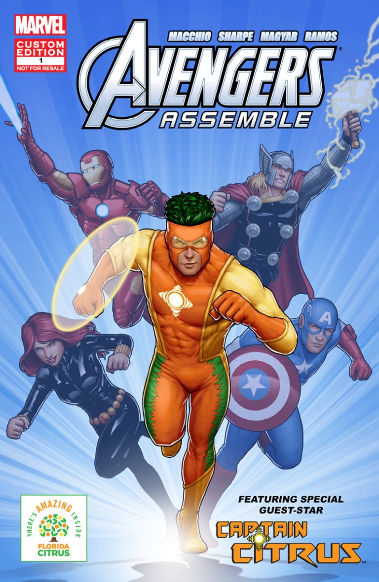In this cover illustration released by Marvel Comics shows superhero Captain Citrus. Captain Citrus, the mascot of the Florida Department of Citrus, was redesigned from a talking orange to a superhero by Marvel Comics. The new muscular Captain Citrus will appear with Marvel's popular Avenger Assemble characters in a series of custom comic books. (AP Photo/Marvel Comics)