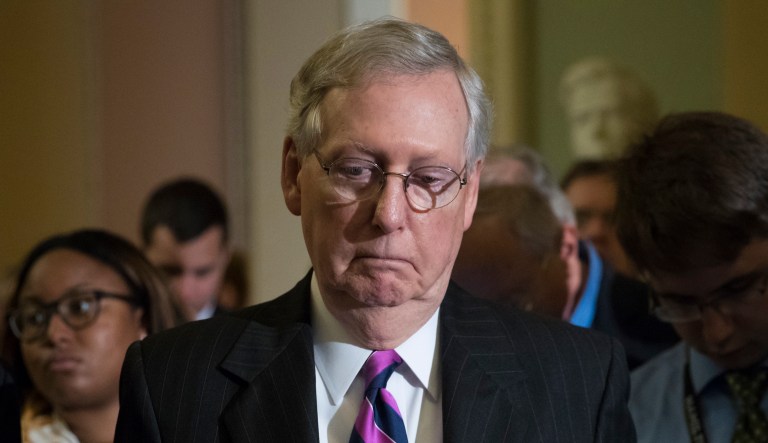 President Trump renewed his attacks on Senate Majority Leader Mitch McConnell Tuesday, saying the Kentucky Republican is the reason that Obamacare repeal failed late last month. (AP Photo/J. Scott Applewhite)