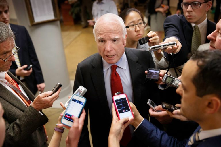 Senate Armed Services Committee member Sen. John McCain, R-Ariz. speaks with reporters on Capitol Hill in Washington, Wednesday, June 4, 2014. Sen. McCain and three other GOP senators introduced bill Tuesday that would give veterans more flexibility to see a private doctor if they are forced to wait too long for an appointment at a Veterans Affairs hospital or clinic.  (AP Photo/J. Scott Applewhite)