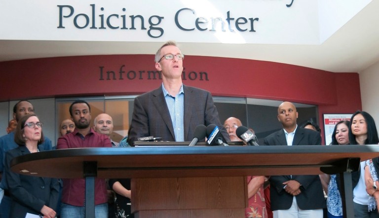 Portland Mayor Ted Wheeler is asking the federal government to cancel a pro-President Trump free-speech rally and anti-Sharia law march, in the wake of Friday's stabbing that left two men dead after they tried to stop a man yelling anti-Muslim slurs. (AP Photo/Gillian Flaccus)
