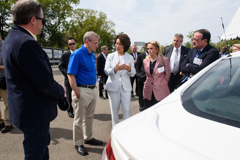 Secretary of Transportation Elaine Chao speaks at the University of Michigan's North Campus' MCity, a full-scale simulated city test course for autonomous vehicles, on Sept. 12 in Ann Arbor, Michigan. (Justin Merriman for The Washington Examiner)