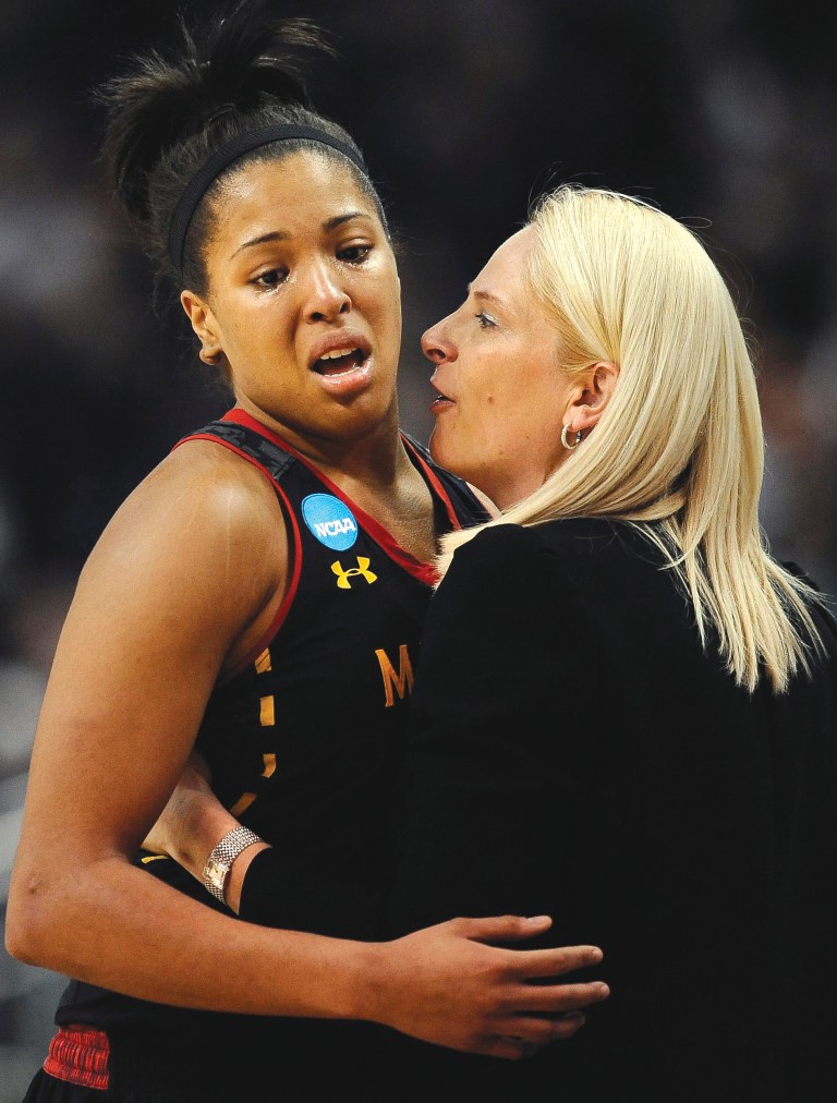 Jessica Hill/AP
Tianna Hawkins, Brenda Frese and Maryland lost to Connecticut for the second time this season.