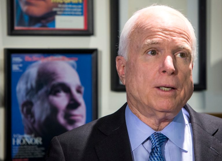 Sen. John McCain (R-Ariz.) addresses members of the media at McCain's Phoenix office on Wednesday, May 28, 2014, following the release of a report stating that at least 1,700 veterans at the Phoenix veterans hospital were not registered on the proper waiting list, putting them at risk in the convoluted scheduling process. McCain called for the resignation or dismissal of VA Secretary Eric Shinseki . (AP Photo/The Arizona Republic, Charlie Leight) MARICOPA COUNTY OUT; MAGS OUT; NO SALES