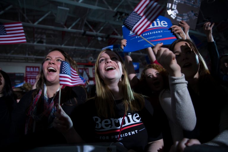 Kelsey Johnson, of Greensburg, Ind., cheers as Democratic presidential candidate Sen. Bernie Sanders, I-Vt., speaks during a campaign rally at Grand View University, on Sunday, Jan. 31, 2016, in Des Moines, Iowa. (AP Photo/Evan Vucci)