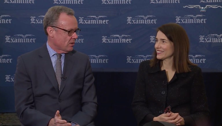 Washington Examiner's Editorial Director Hugo Gurdon and Chief Congressional Correspondent Susan Ferrechio speak during the panel discussion on President Trump's infrastructure plan. (Graeme Jennings/Washington Examiner)