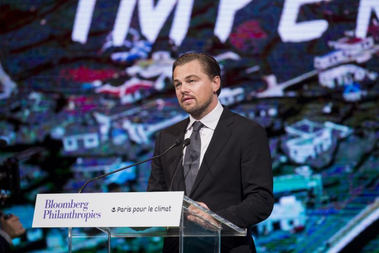 Actor Leonardo DiCaprio spoke during a meeting with Mayors at the United Nations COP21 climate summit at City Hall in Paris on Friday, Dec. 4, 2015. 