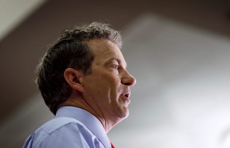 Republican Presidential candidate Sen. Rand Paul, R-Ky. speaks during a rally at the University of Iowa, Friday, April 10, 2015, in Iowa City, Iowa. (AP Photo/Charlie Neibergall)