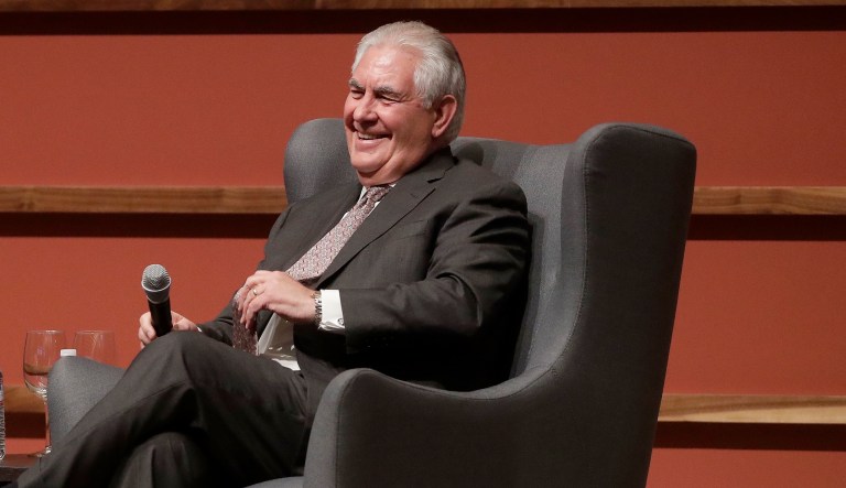 Secretary of State Rex Tillerson Wednesday joined former Secretary of State Condoleezza Rice at a Hoover Institute event at Stanford University, where Rice is now provost. (AP Photo/Jeff Chiu)