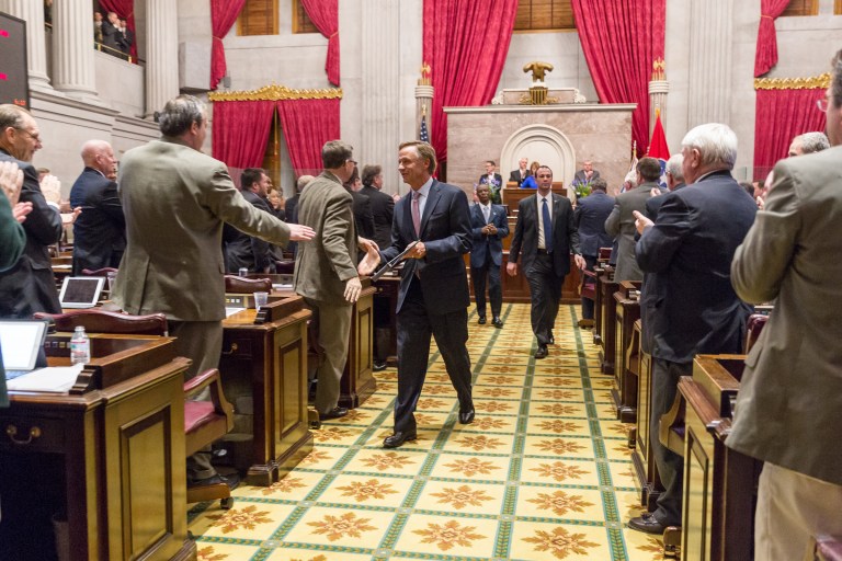 Republican Gov. Bill Haslam is greeted by lawmakers as he leeaves the House chamber in Nashville, Tenn., on Monday, Feb. 2, 2015. Haslam spoke to a joint assembly of the General Assembly to promote his Insure Tennessee proposal to extend health coverage to 280,000 low-income residents. (AP Photo/Erik Schelzig)