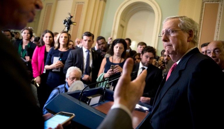 Senate Majority Leader Mitch McConnell, R-Ky., takes a question from a reporter following a meeting with President Donald Trump on his tax reform agenda on Capitol Hill in Washington, Tuesday, Oct. 24, 2017.
