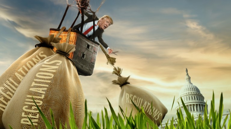 The administration has canceled or delayed more than 1,500 regulatory actions planned under former President Barack Obama. About $570 million a year in costs, which comes out to $8.1 billion over a lifetime, has been eliminated as a result, the White House says. (Illustration by Bill Lesniewski)