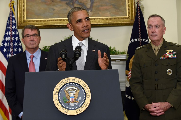 President Obama, flanked by Defense Secretary Ash Carter, left, and Joint Chiefs Chairman Gen. Joseph Dunford, said the U.S. will leave 8,400 troops in Afghanistan when he completes his term. (AP Photo/Susan Walsh)