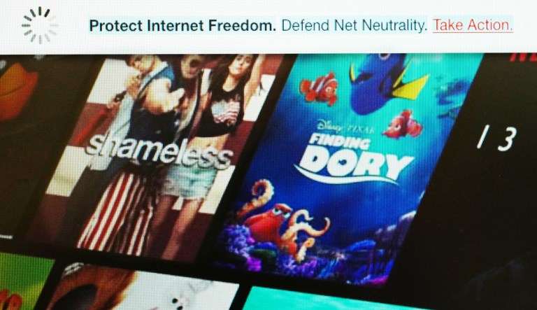 This image shows a banner, top, on the Netflix website defending net neutrality, Wednesday, July 12, 2017. On Wednesday, Netflix joined other tech firms and internet activists in an online show of support for net neutrality, the principle that bars internet service providers from playing favorites with websites and apps. (Netflix via AP)