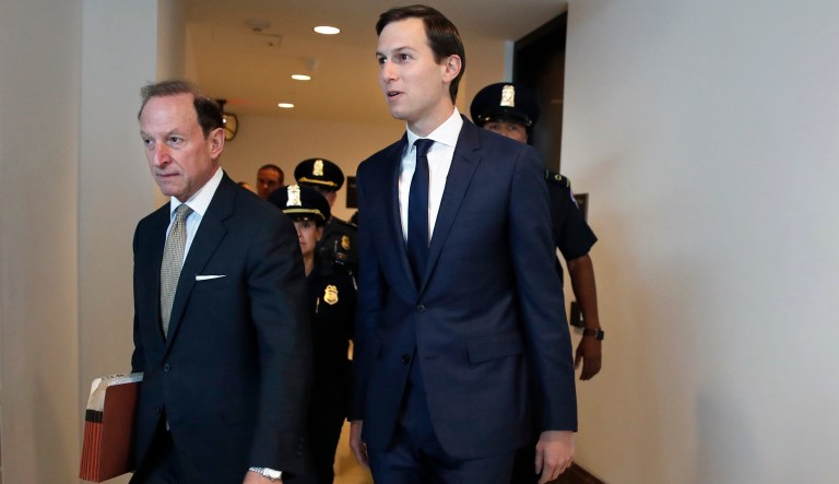 White House adviser Jared Kushner, right, and his attorney Abbe Lowell, left, arrive on Capitol Hill in Washington, Tuesday, July 25, 2017, to be interviewed behind closed doors by the House Intelligence Committee. (AP Photo/Jacquelyn Martin)
