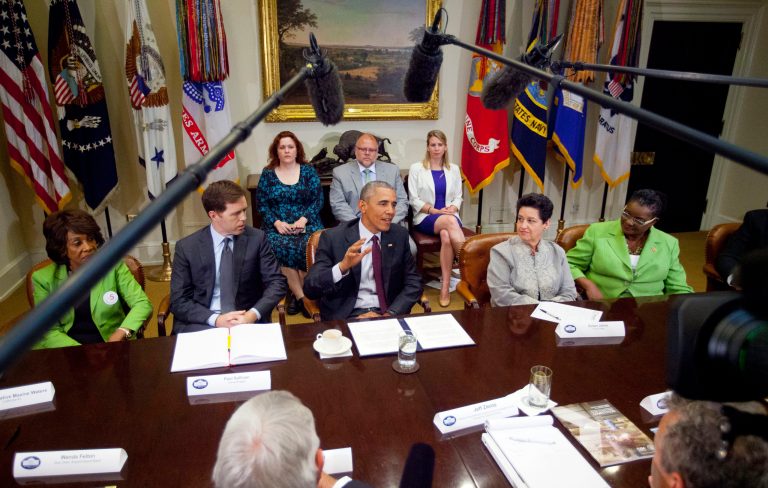President Obama meets with small business owners and members of Congress to discuss the importance of the reauthorization of the Export-Import Bank in the Roosevelt Room of the White House on July 22. (AP Photo/Pablo Martinez Monsivais)