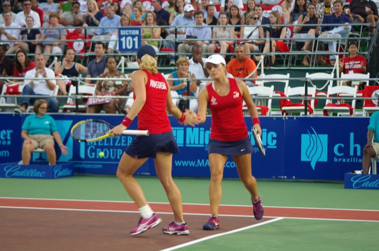  Washington Kastles sisters Anastasia, left, and Arina Rodionova take on a set of twins, Karolina and Kristyna Pliskova, of the Philadelphia Freedoms on Sunday night.   