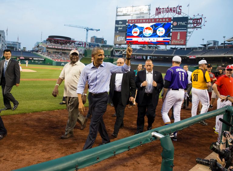 President Barack Obama smiles as he makes a visit to the Congressional baseball game at Nationals Park, on Thursday, June 11, 2015, in Washington, D.C. (AP Photo/Evan Vucci)