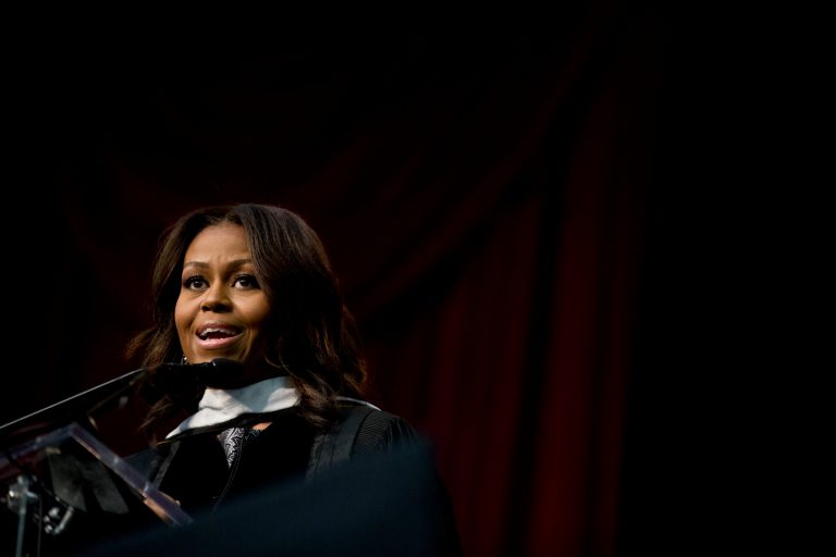 First lady Michelle Obama delivers the commencement address at Tuskegee University, Saturday, May 9, 2015, in Tuskegee, Ala. (AP Photo/Brynn Anderson)