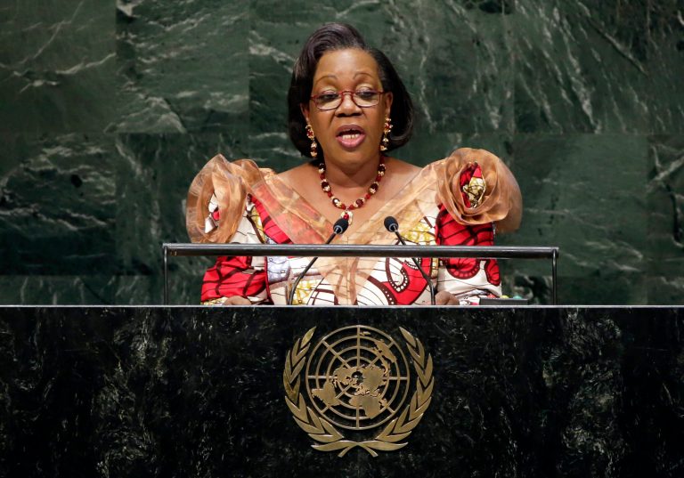 Interim President of the Central African Republic, Catherine Samba-Panza, addresses the 69th session of the United Nations General Assembly, at U.N. headquarters, Saturday, Sept. 27, 2014. (AP Photo/Richard Drew)