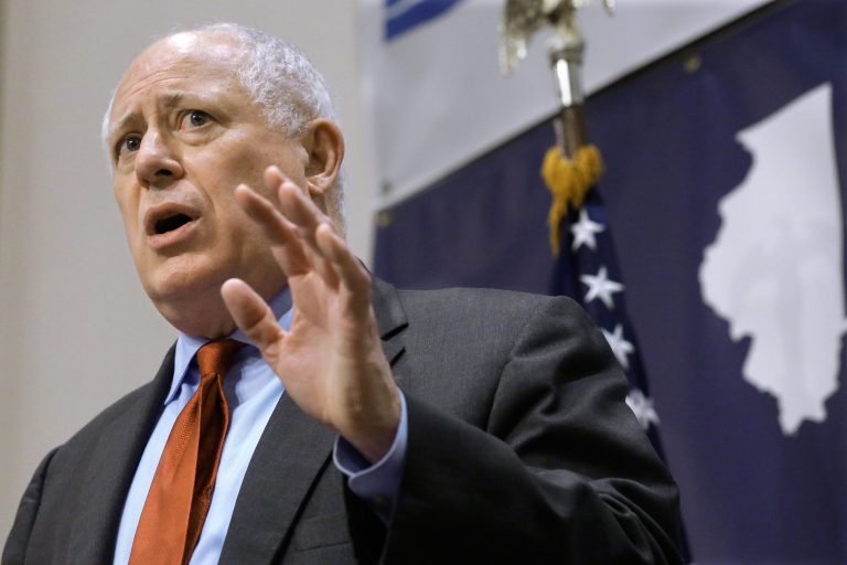 FILE - In this May. 7, 2014 file photo, Illinois Gov. Pat Quinn speaks to members of the Illinois Manufacturer's Association, in Springfield Ill. Illinois voters will get a chance to voice their opinion on raising the minimum wage under a ballot measure Quinn is set to sign on Sunday, June 22, 2014. (AP Photo/Seth Perlman, File)