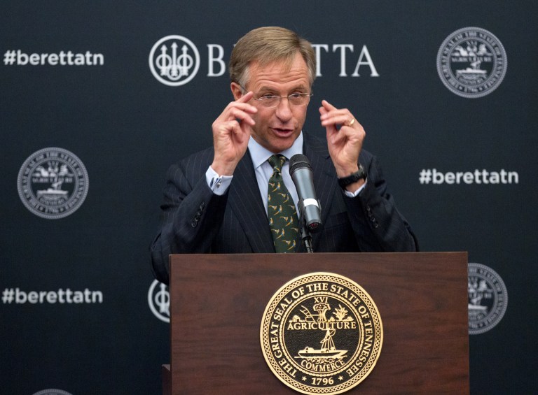 Tennessee Gov. Bill Haslam speaks during a ceremony at the state Capitol in Nashville, Tenn., on Wednesday, Jan. 29, 2014, to announce that firearms maker Beretta USA Corp. is building a new manufacturing a research facility in the state. The $45 million plant is expected to be completed this year and create 300 jobs. (AP Photo/Erik Schelzig)