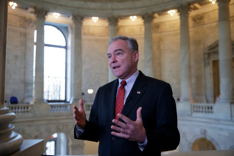 Kaine implies that the Republican bill, if passed, would take away or seriously jeopardize the children's coverage protections. (AP Photo/J. Scott Applewhite)